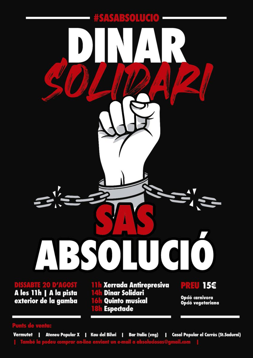 El proper dissabte 20 d'agost  el grup de suport Sas Absolució, durà a terme un dinar solidari i antirepressiu.

 📌 Taula rodona amb diferents ponències represaliades!
📌 Dinar solidari 
📌 Quinto musical
📌 Espectacle clown

#VilafrancaDelPenedès 
<a href="/sasabsolucio/">Sasabsolució</a>