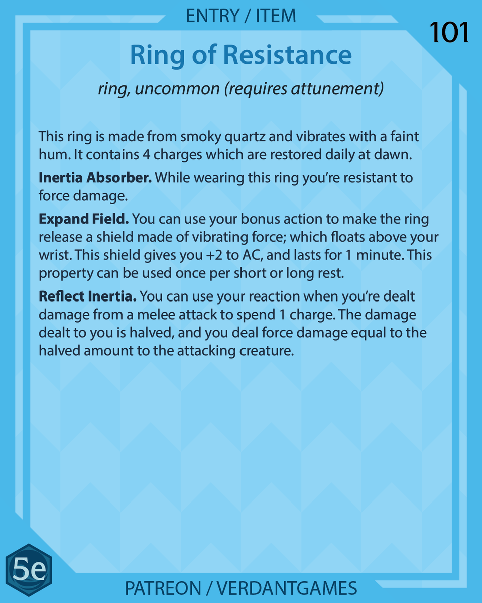 verdantgames5e's tweet photo. Ring of Resistance
This ring summons a shield and lets you deal retributive damage
Art by @ossocavo
#foregonecompendium #dnd #dnd5e #dndhomebrew #homebrew #dnditems #5emagicitems #ttrpg #ttrpgfamily #d20 https://t.co/ZAYP4UpaoA