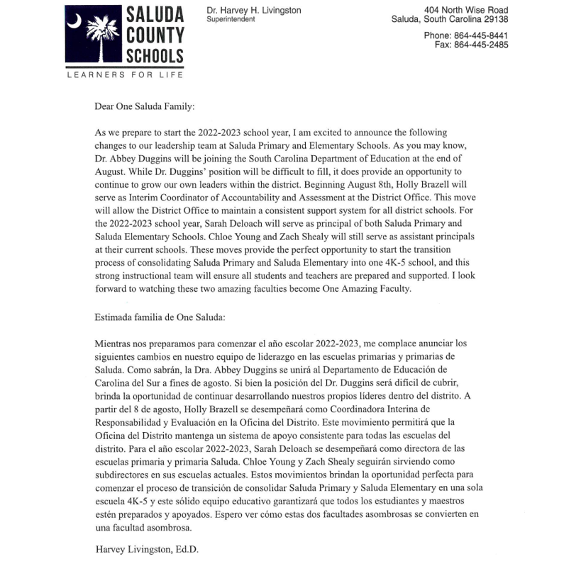 saludaschools's tweet photo. A news release, from Dr. Livingston. #OneSaluda https://t.co/doUKIGegiJ