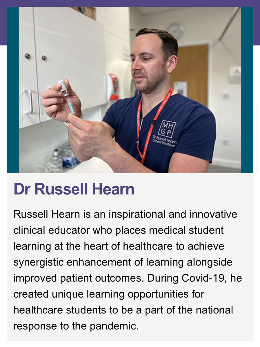 Proud to share that I won a National Teaching Fellowship, thanks to our inspirational students across @KingsCollegeLon and all my amazing teams at @KUMEC4KCL @NHS_HealthEdEng & @MorrisHouseGP | Thanks @AdvanceHE @NTF_Tweet #NTFS2022 advance-he.ac.uk/ntfs/dr-russel…