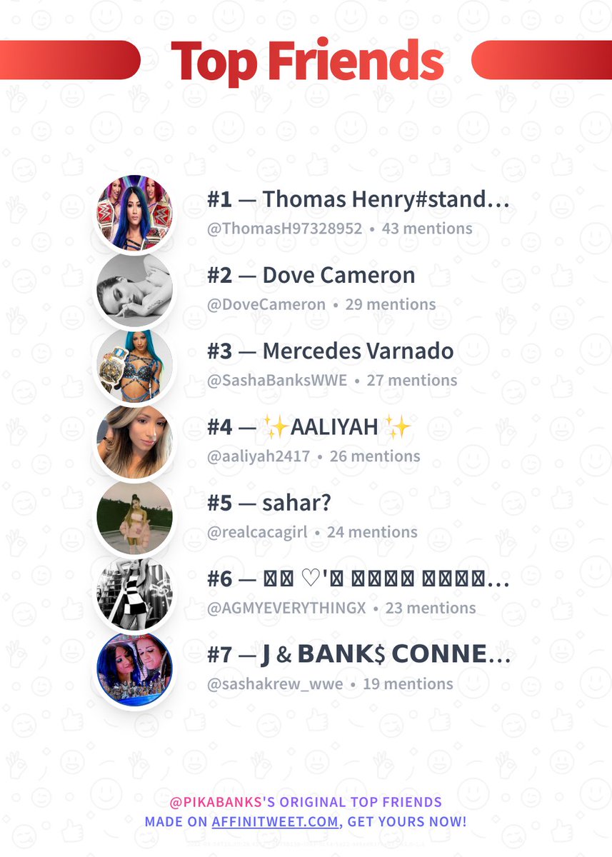 ✨ Top Friends 

🥇 ThomasH97328952
🥈 DoveCameron
🥉 SashaBanksWWE
🏅 aaliyah2417
🏅 realcacagirl
🏅 AGMYEVERYTHINGX
🏅 sashakrew_wwe

➡️ affinitweet.com/top-friends