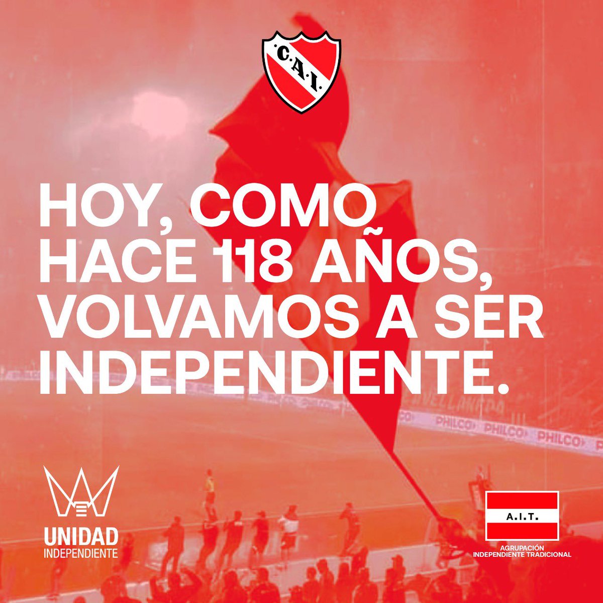 🔴 Hace 1️⃣1️⃣8️⃣ años un grupo de personas dijeron… “¡Que se llame Independiente!” 

Hoy, varios años después, sigamos trabajando para que el escudo del Rojo esté por encima de todo 🙌🏼

#VolvamosASerIndependiente 🇦🇹