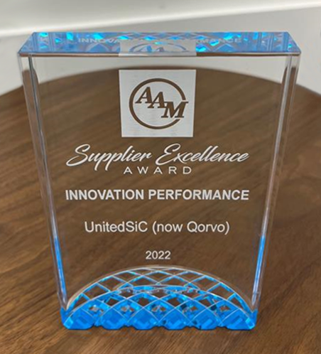 We're honored to receive the Innovation Award from AAM - American Axle &amp; Manufacturing (<a href="/AmericanAxle/">AAM</a>) for superior output power using Qorvo’s SiC devices in power conversion applications. Thank you, AAM for a POWERful partnership.
hubs.ly/Q01j3hrr0