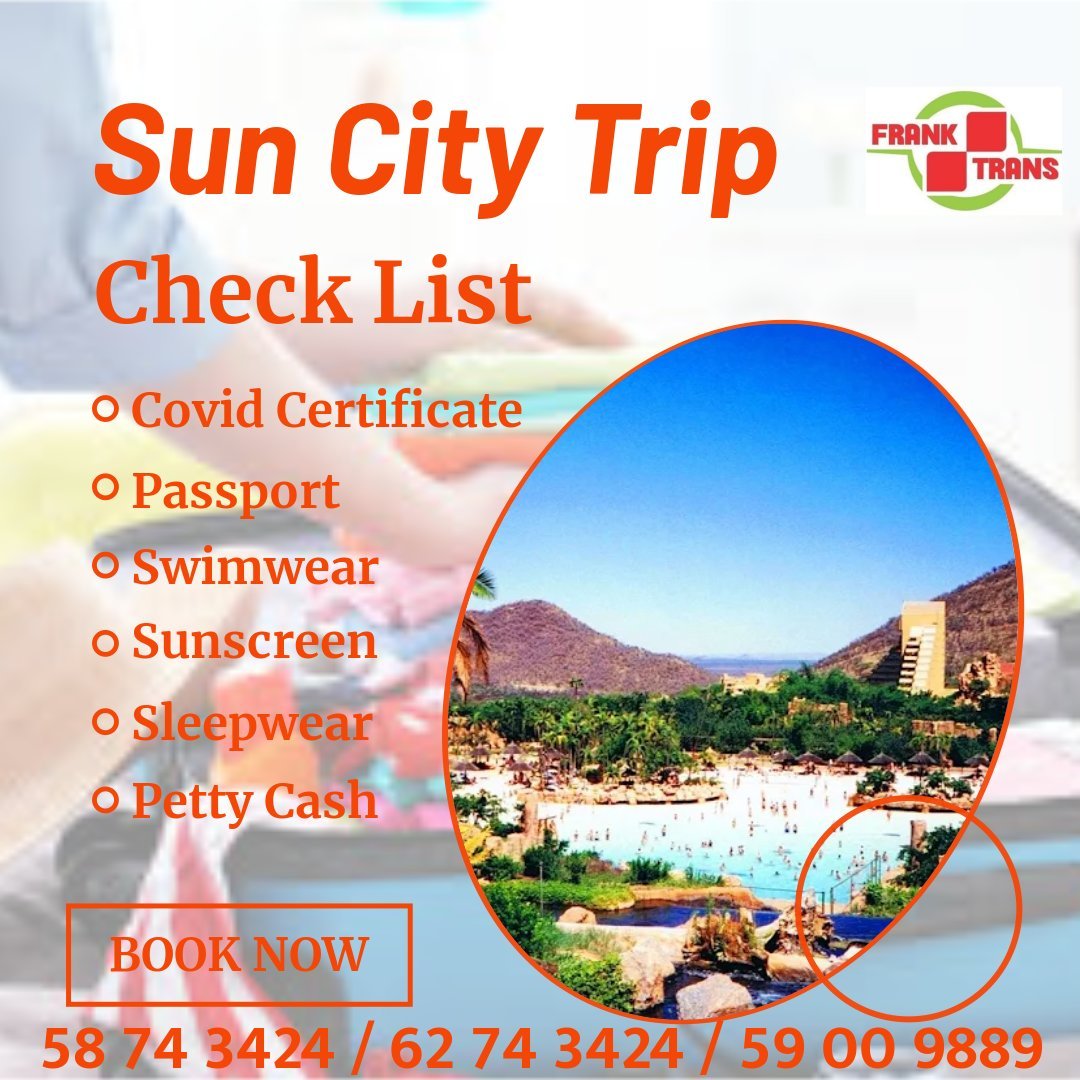 frank_trans's tweet photo. Some essentials to check for the Fun in the Sun Tour: Sun City. Limited space. Book Now: 58743424/62743424/59009889 https://t.co/7bswpUnNrY