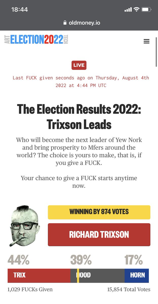 conzinomics's tweet photo. I’ll be honest. I’ve NEVER voted irl. It’s the illusion of freedom.
But in this election I had to give a fuck!
@RTrixson ftw! You got this!
@OldMoneyNFT #oldmoney #realelection #PresidentialElections2022 https://t.co/MbVX0qJrMU