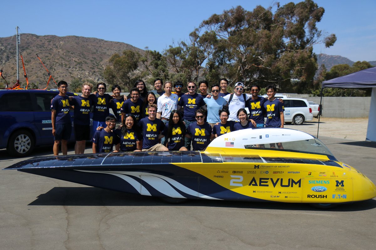 UMSolarCarTeam's tweet photo. We've made it! Aevum has reached the finish line in Los Angeles after driving across the country through mountains, monsoons, and much more.

Thank you for following along with us on this unforgettable journey throughout the summer.

Go Fast, Go Smooth, Go Blue!

#MichiganSunRun https://t.co/hy1RDTszOE