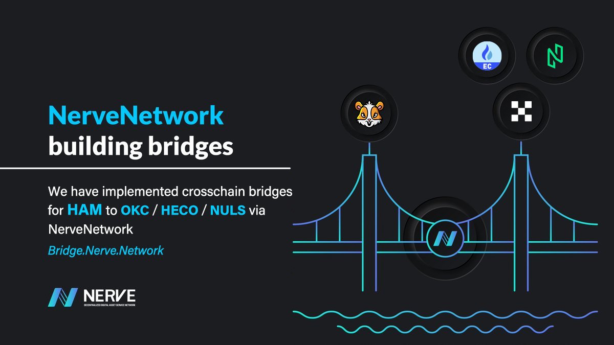 nerve_network's tweet image. We are pleased to announce that we have implemented crosschain bridges for $HAM from 
@BNBCHAIN to #OKC/ #Heco/ #NULS via NerveBridge 

bridge.nerve.network 

#NerveBridge #HAMSTERCOİN #memecoin #CrossChain