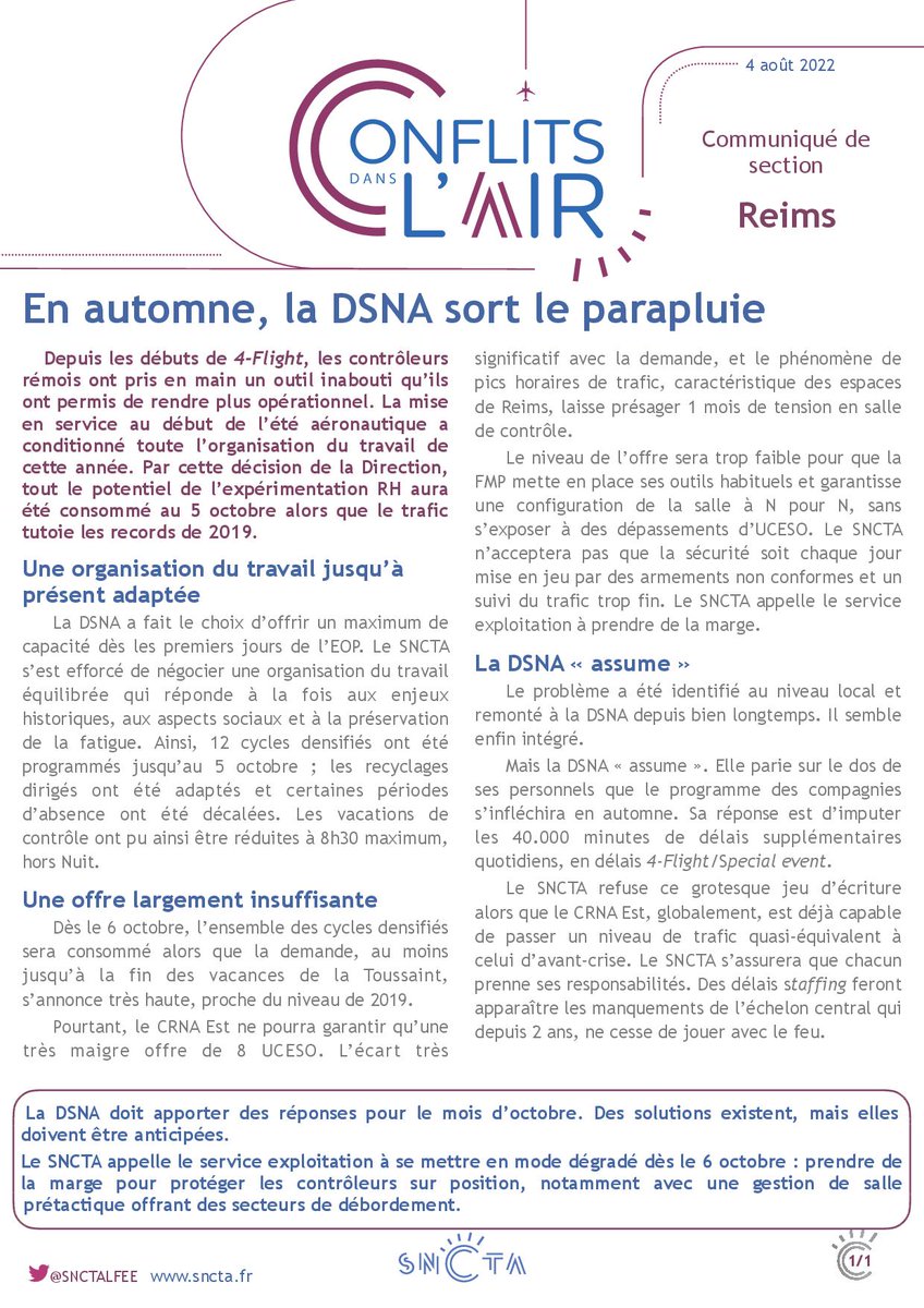 SNCTALFEE's tweet photo. Le SNCTA a négocié une organisation du travail adaptée à la transfo, aux aspects sociaux et à la fatigue.
Conséquence de la décision de la DSNA de mettre en place 4-Flight début avril, l'ensemble des cycles densifiés sera consommé le 5 octobre.
1/3 https://t.co/i8E7K2KWi6