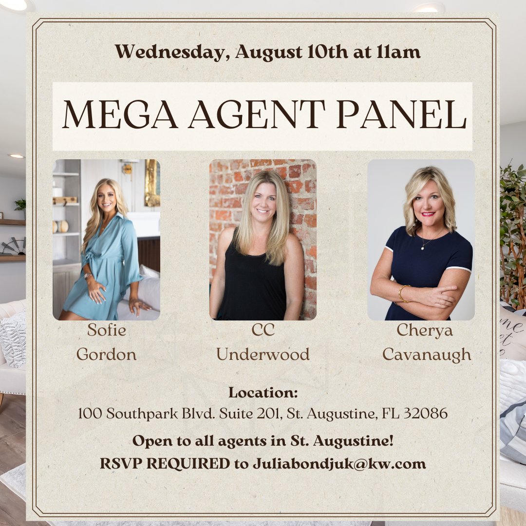 kwstaugustine's tweet photo. This upcoming Wednesday, August 10th at 11am we will be hosting a Mega Agent Panel!🤩🤩
Don't miss this AMAZING opportunity to join this Mega Agent Panel with some of these high-producing agents!
RSVP to Julia Bondjuk by Tuesday, August 9th! https://t.co/HJOHqaV9Df