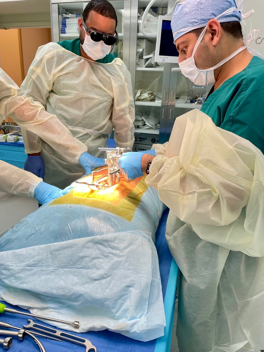 NuEyesTech's tweet photo. We had a great time last week testing our Pro 3 smart glasses with Andrew Fanous, MD, FAANS at a cadaver lab as he performed a posterior exposure and decompression procedure using @Silony_Medical  pedicle screws. The surgery was streamed using @blitzz_co powered by @SamsungUS! https://t.co/oq09W8SggE