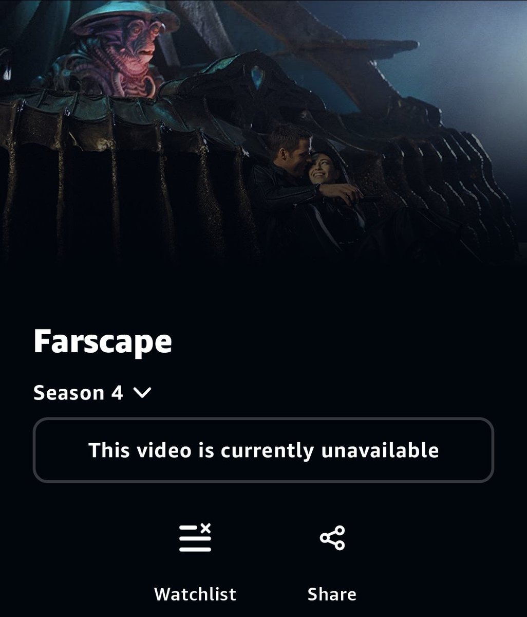 ExosomeJo's tweet photo. @PrimeVideo what has happened to #farscape? 
We watched one episode on Monday, went to watch another straight afterwards and it had disappeared 😭 https://t.co/BywbhYHmkV