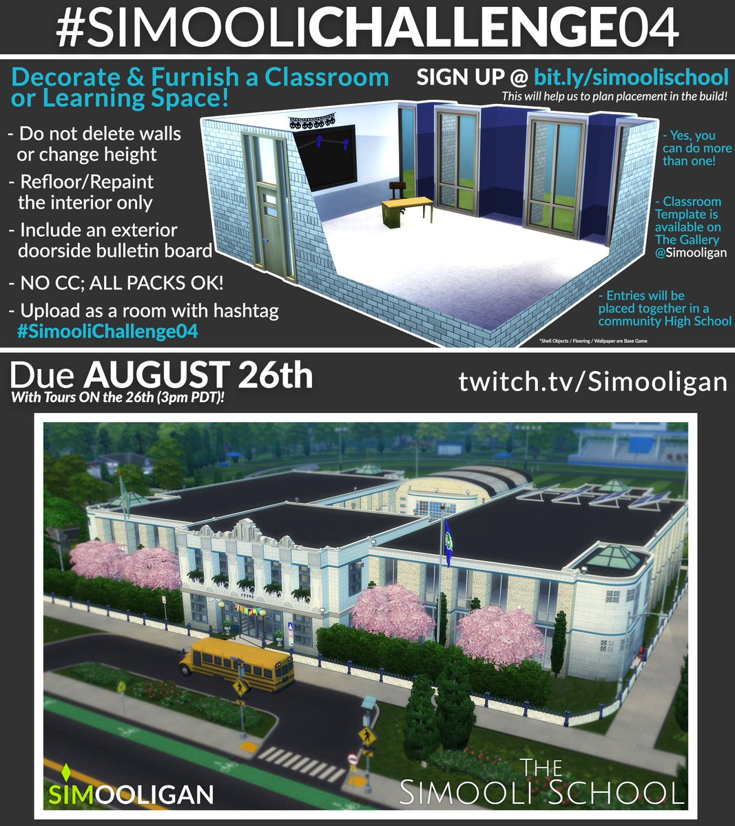 simooligan's tweet photo. FURNISH A CLASSROOM | #SimooliChallenge04 | SIGN UP @ https://t.co/XT4cBONwEu to reserve one of the 32 CLASSROOMS!! We're more than half-way filled! But there's no limit! We can add more! Simooli School pictured below (WIP)! #FurnishChallenge #Sims4 #TheSims4 #Sims4Challenge #TS4 https://t.co/FvwUxiuQsu
