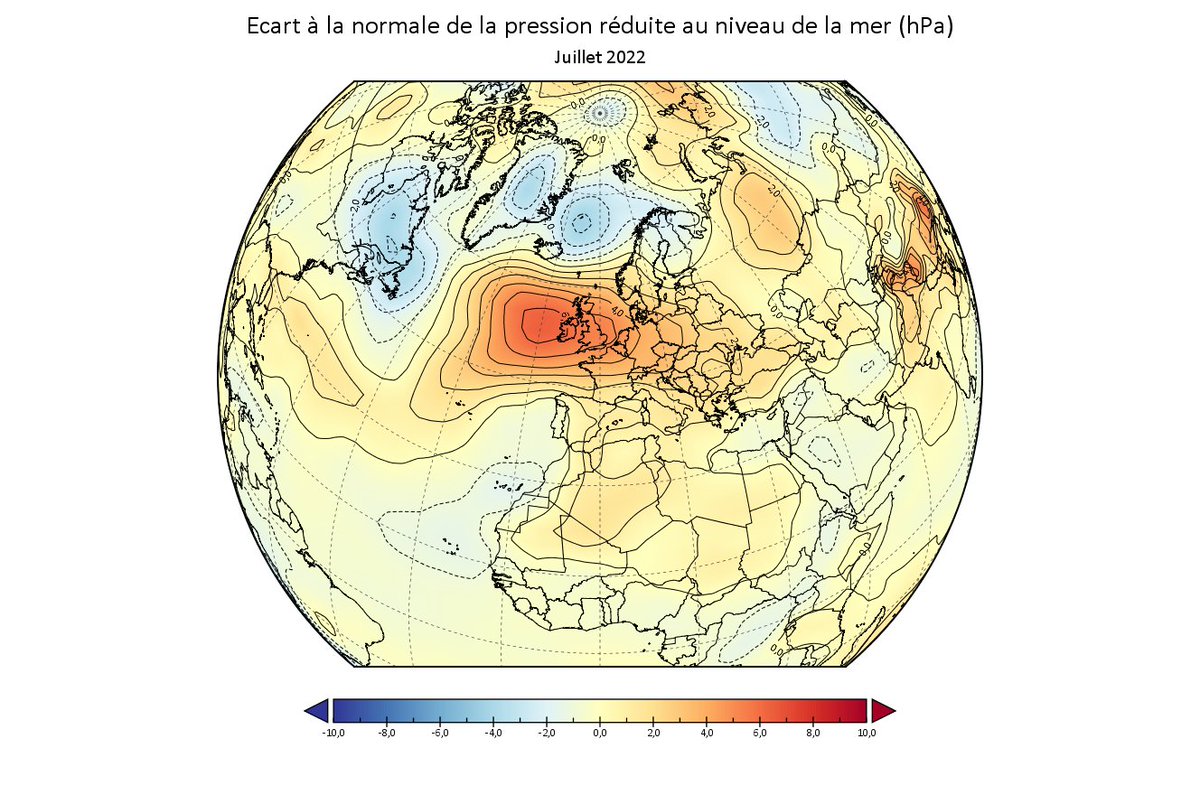 Cause principale du déficit d'#orages en juillet: des pressions très élevées sur le NO de l'Europe. A Lille par ex. juillet 2022 est le mois de juillet le + anticyclonique depuis + de 200 ans, avec en prime un nouveau record absolu mensuel de haute pression le 8/07. #secheresse 