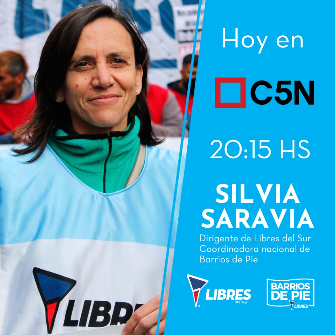 MartinJuventud's tweet photo. Hoy en C5N va a estar dando una entrevista a las 20:15.
Nuestra coordinadora Nacional de Barrio de Pie Libres de Sur Silvia Saravia .
#barriodepie
#libresdelsur https://t.co/TCjjR0tDhW