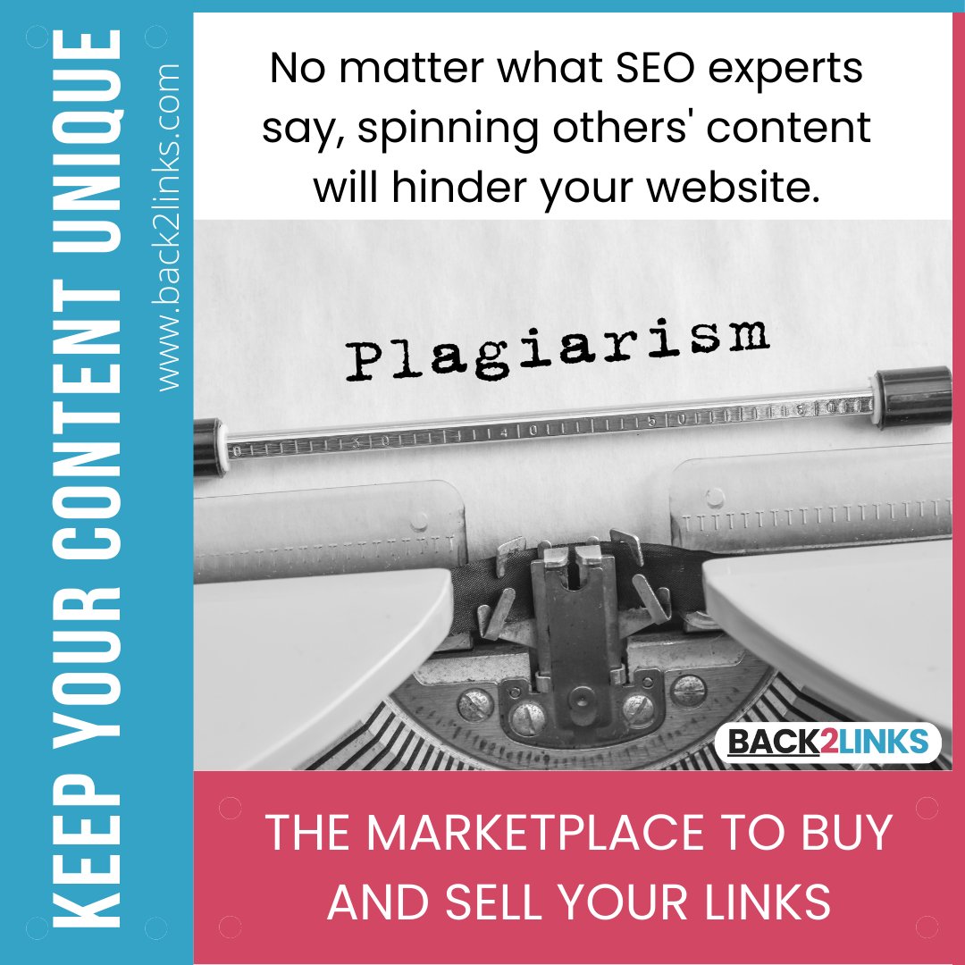 back2links's tweet photo. Always be 100% original. Never spin your or others' content. Search engines k ow when content is spun and your website will suffer. #backlinksresources #smallbusinessmarketing #purchasebacklinks #backlinkstobuy #linkbuildingcampaign #backlinksdofollow #googleranking https://t.co/UvO2Tw51BA