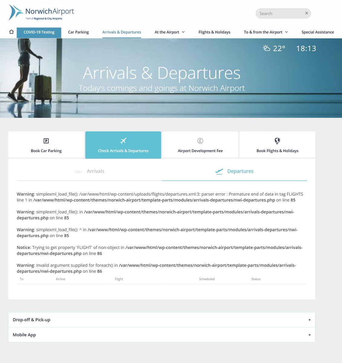 antonmccoy's tweet image. Hi @NorwichAirport a quick message from a dev. Your website is showing PHP warnings when the XML feed of flight data is empty. This can be fixed by changing the PHP settings to not show warnings or, and better, check the size of the XML; if empty show a message. #devhelp