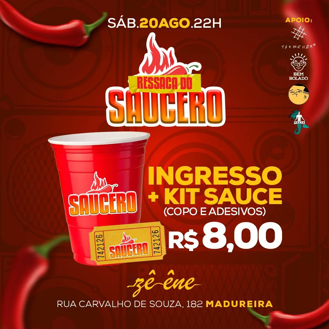 Dia 20 a Tropa do Sauce vai invadir a <a href="/zeenerj/">Zeene.Rj</a> E pra vc curtir suave.
 Vamos deixar essa molezinha aqui. 
Ingresso + Kit Sauce 🥤 +  adesivo🌶 por 8
Double Sauce 🌶🌶 2 ingressos por 15
sympla.com.br/ressaca-do-sau…
Apoios:
<a href="/pormenor_co/">.PORMENOR</a>
<a href="/BemBoladoBrasil/">Bem Bolado Brasil</a>
Juniorira 
<a href="/cervejapraya/">cervejapraya</a>