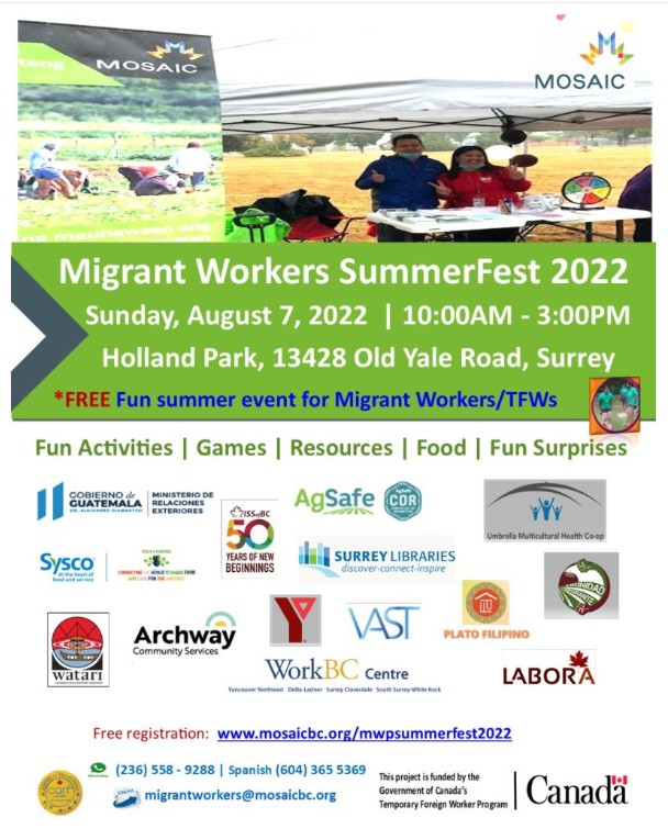 We want to express our gratitude to MOSAIC and Hugo Velazquez for inviting our company to participate in MOSAIC's Migrant Workers SummerFest 2022. We appreciate the opportunity to talk to temporary foreign workers about our remittance services.