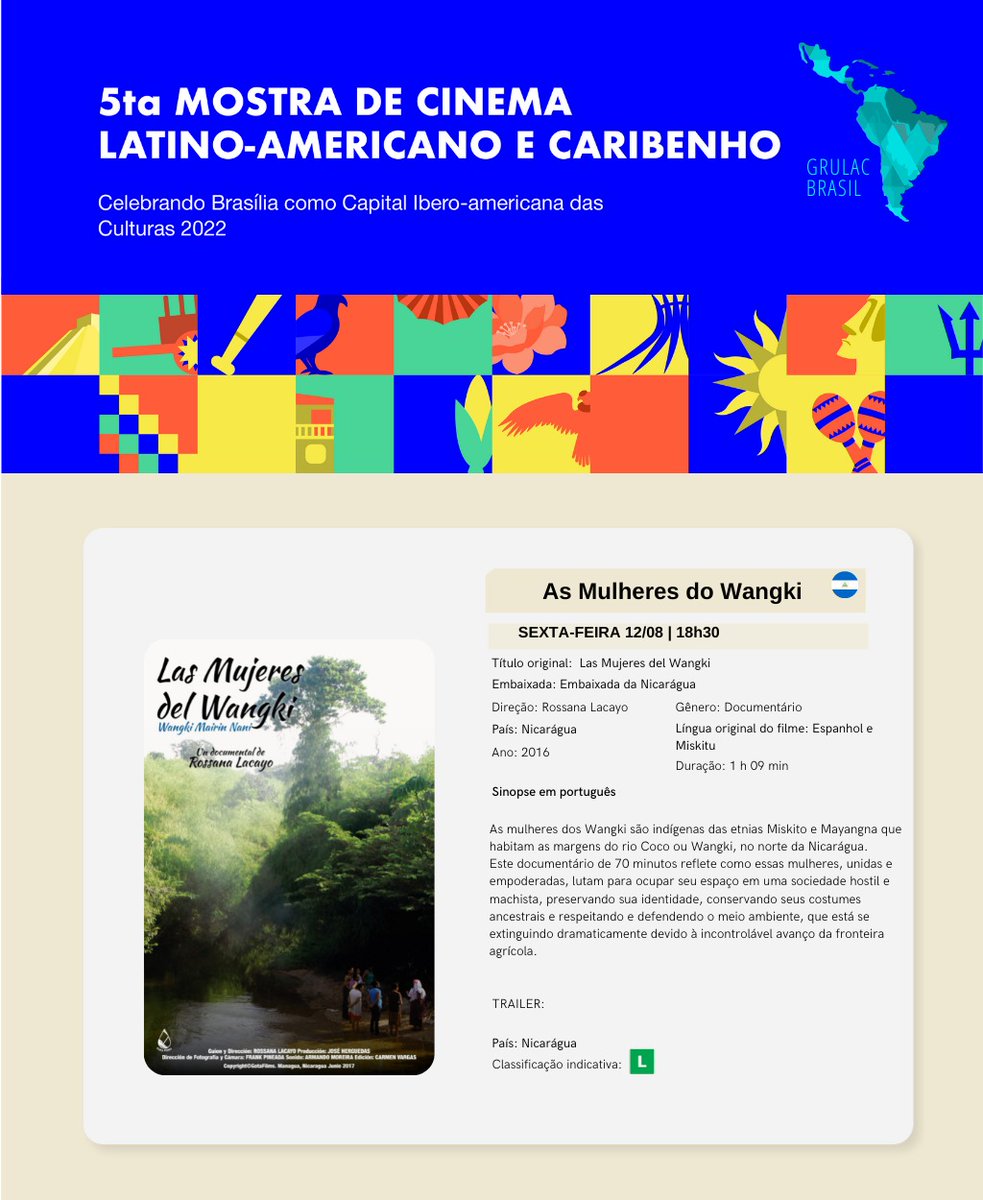 EmbaixadaNicBr's tweet photo. A Embaixada da Nicarágua espera vocês na apresentação do filme/documentário "Las Mujeres del Wangki", no dia 12/08 no Cine Brasilia, entrada franca, às 18h 30.
No marco da 5° Mostra de Cinema Latino Americano e Caribenho do GRULAC https://t.co/XIvFuzMHBK