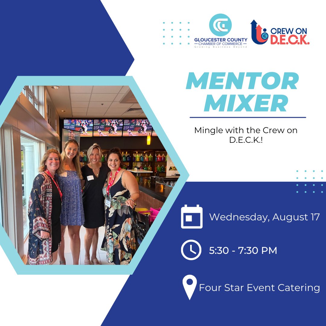 Calling all young and seasoned professionals! Join us on Wednesday, August 17 for our Mentor Mixer. This event will include a discussion between mentors &amp; young professionals about their tips on best practices. 

Register here: business.gc-chamber.com/events/details…

#GCCCnj #YoungProfessionals
