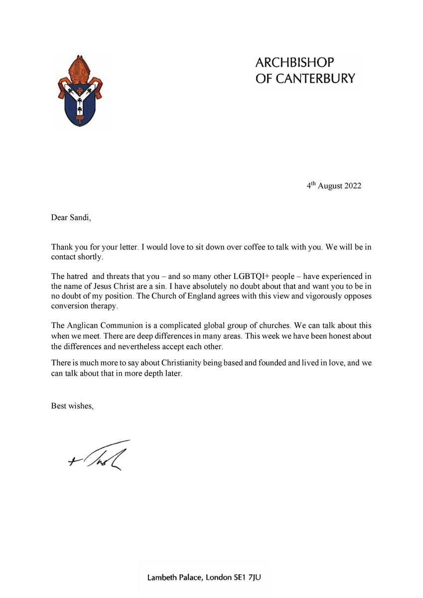 ArchbishopSarah's tweet photo. Dear @sanditoksvig,

Thank you for your letter. I would love to sit down over a coffee to talk with you about it. https://t.co/kX39hKwmkZ