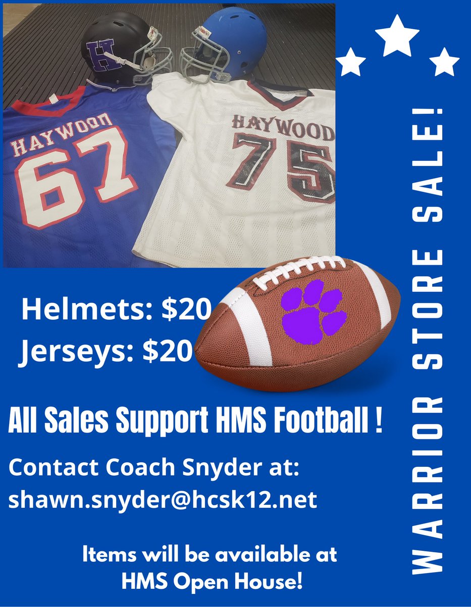 Warrior Store will be open tonight at HMS Open House‼️. Support HMS Football 🏈 ‼️<a href="/HMSTomcats/">Haywood Middle School</a> <a href="/haywoodtomcats/">tomcats_athletics</a> <a href="/Hmstomcatsfball/">Haywood Middle School Football</a>
