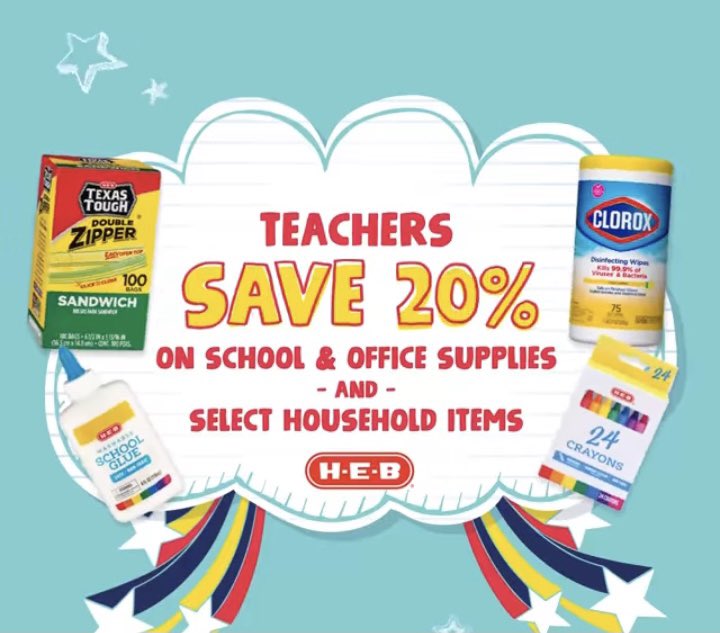 LockhartISD's tweet photo. 🍎 LISD Teachers: visit https://t.co/Pgnb3NyG9U &amp; sign up to save 20% on supplies for school, office, and home! 

Thanks, @HEB / @HEBexcellence! #LoveMyHEB #LoveMyLISD https://t.co/ak5X56KbZu