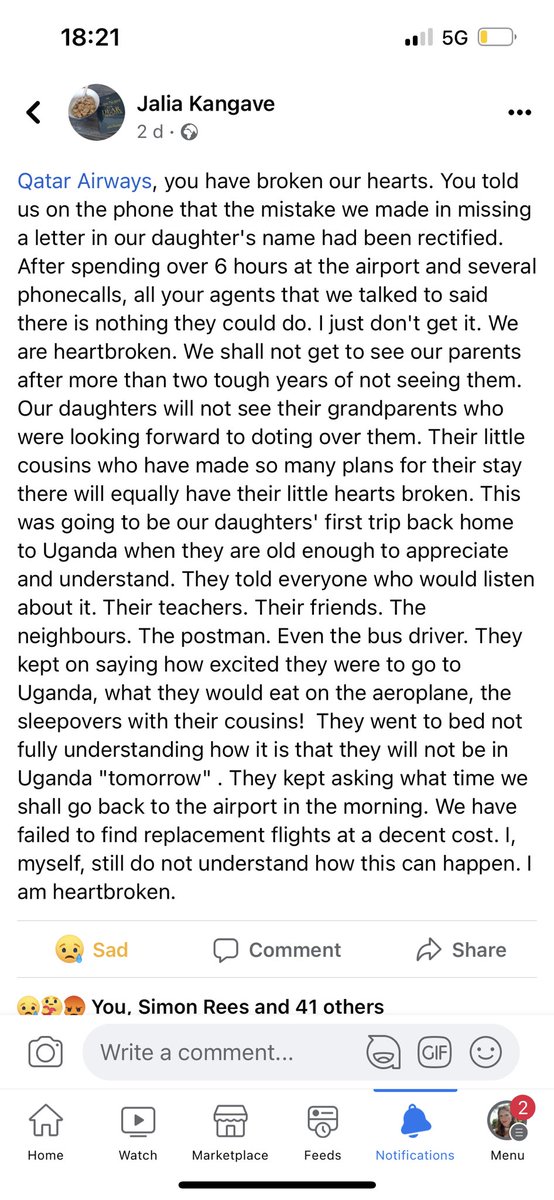 RhiannonCM's tweet photo. @qatarairways How could you let this happen?! This is so awful - a whole family missing their trip home to Uganda after years of Covid, even though you told them the missing letter of her daughter’s name had been fixed. 
Please make this right! 💔 https://t.co/Siw6Aerh5B