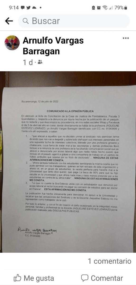 Carta de disculpa pública de empleado de la <a href="/UPBBGA/">UPBBGA</a> ante acoso laboral y difamación a dirigente sindical de <a href="/asintupb/">ASINTUPB</a>