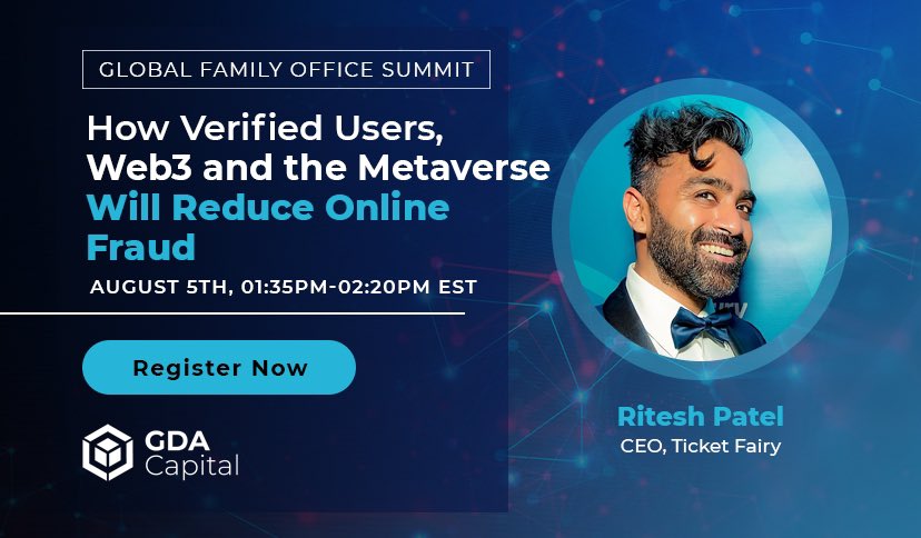 So excited to welcome @ritlocus CEO of @TicketFairy to speak at our family Office Summit tomorrow at 1:35PM EST on How Verified Users, Web3 and the Metaverse can help reduce online fraud 🔒 Don’t miss it! Register 👉 airmeet.com/e/8bbcc900-f71…