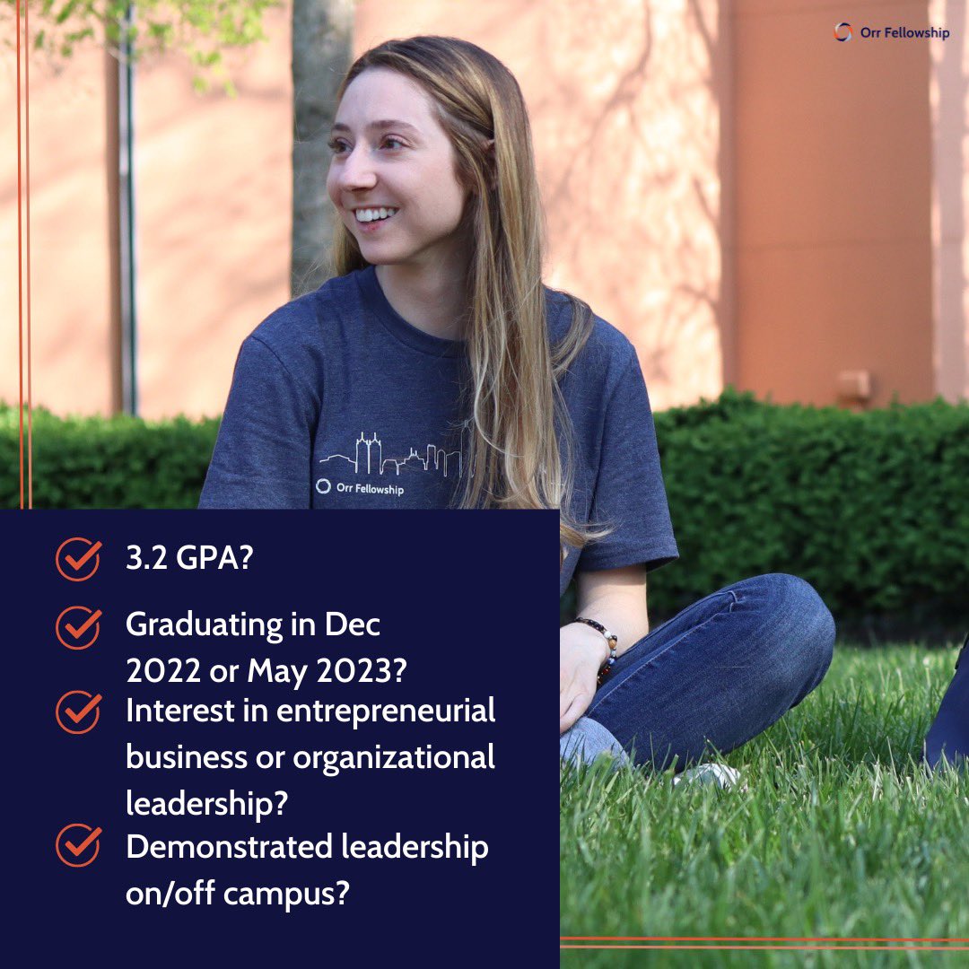 OrrFellowship's tweet photo. Seniors, in search of a job post-graduation and meet the qualifications below? Look no further than Orr Fellowship! Join our webinar TONIGHT from 7:00-7:30 to learn more about becoming the next generation of business leaders and entrepreneurs. Webinar: https://t.co/x8EdChVRAy https://t.co/Nw0h3VnsOZ