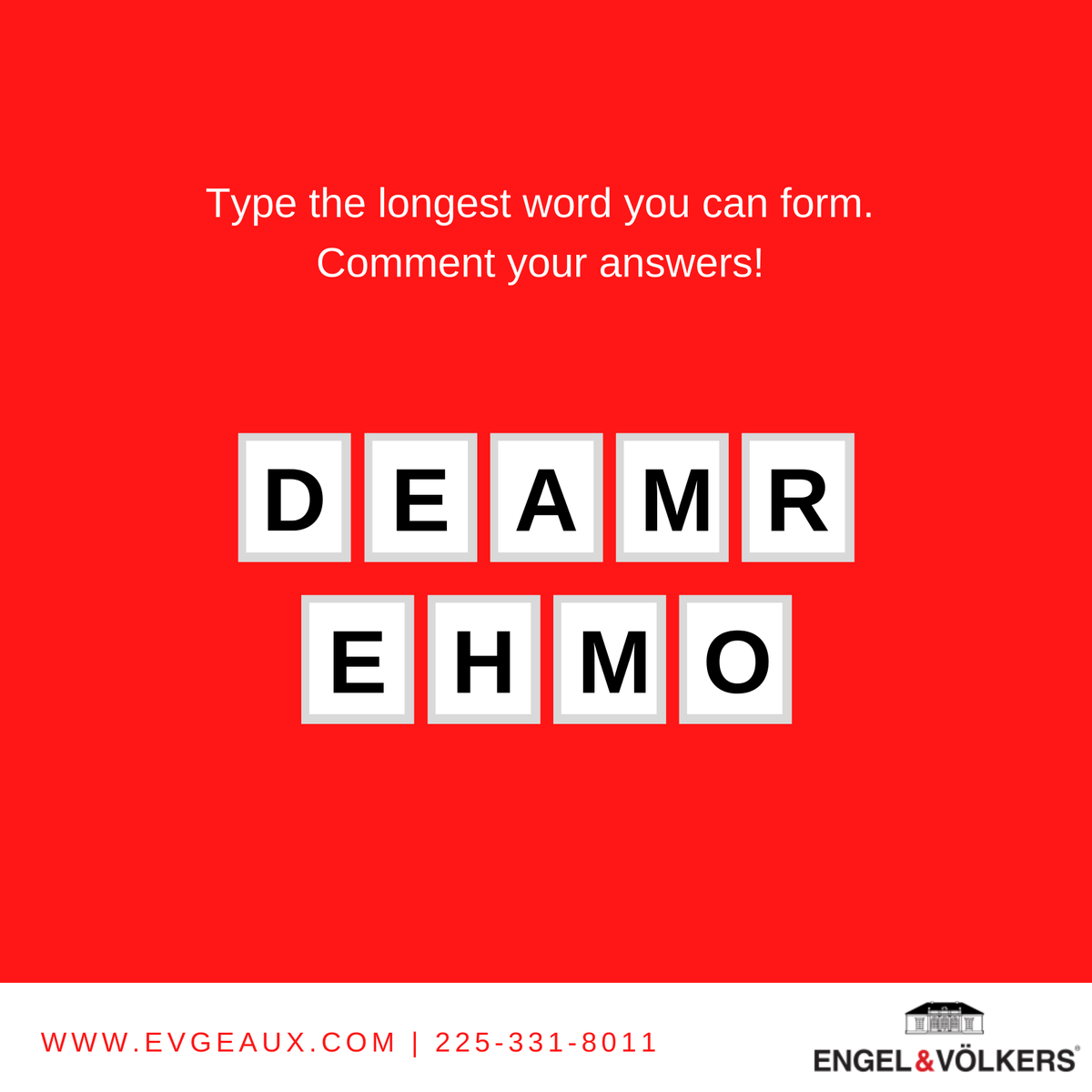 evlafayette's tweet photo. Unscramble the letters to find out the longest word. Hint: Finding it is our specialty! 🔐

#EngelVoelkers #EVLafayette #RealEstate #HomeBuying https://t.co/cgPw27om4b