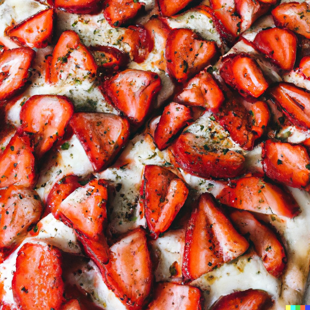 RecursiveSwift's tweet image. Cheesy pizza with toppings of strawberries. #dalle