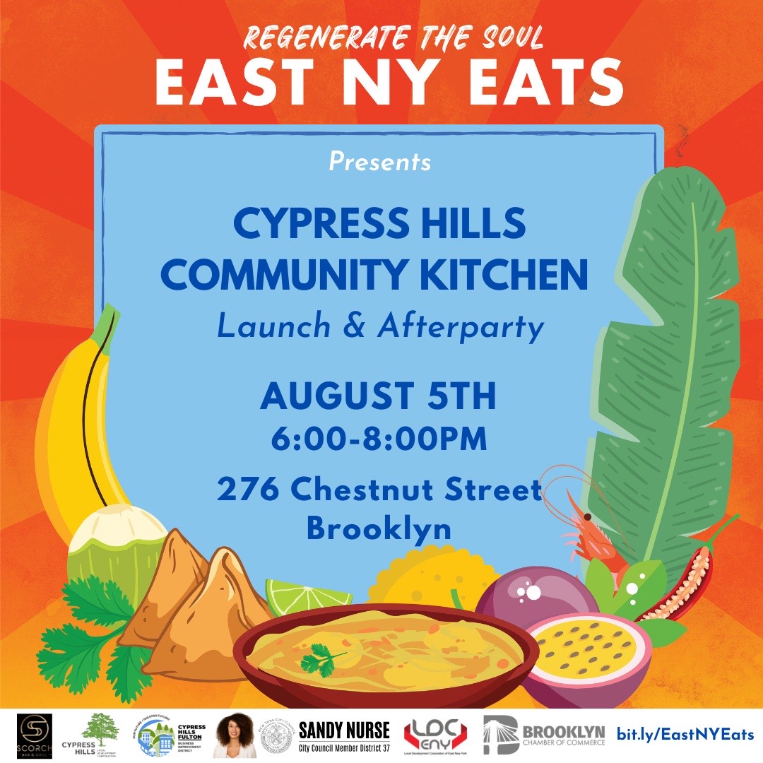CHLDC's tweet photo. Come to the Cypress Hills Community Kitchen Launch this Friday from 6pm to 8pm! Learn about our kitchen incubator, meet our members and taste some of their delicious foods! Located at Chestnut Commons, 276 Chestnut Street between Atlantic &amp; Dinsmore. https://t.co/WhJMgz67Gs