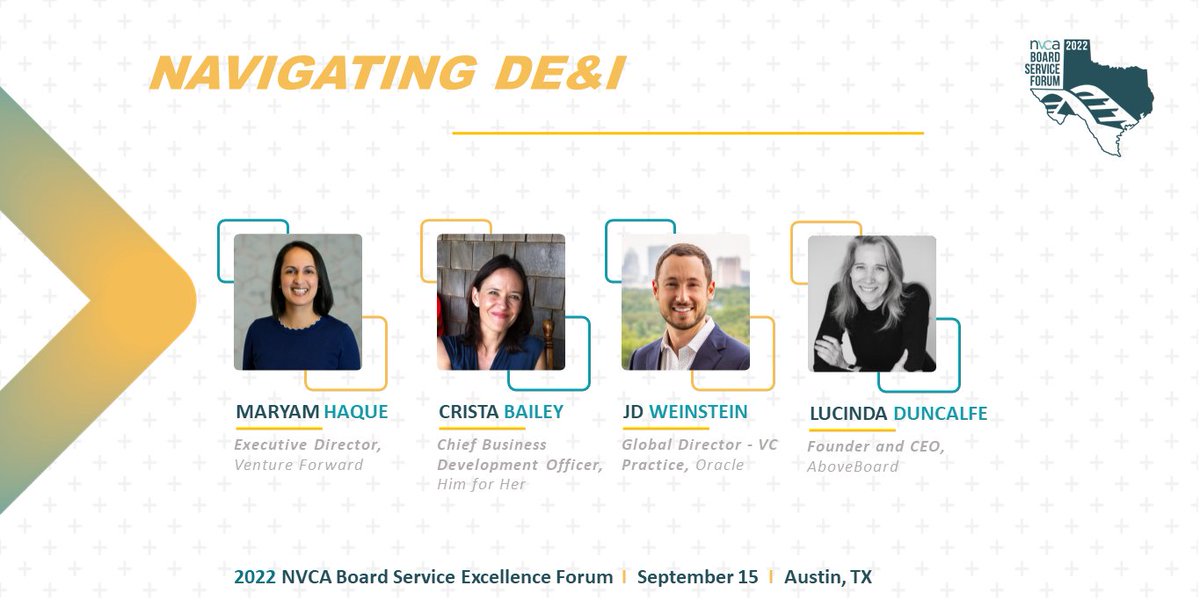 NVCA (@nvca) on Twitter photo Announcing the Navigating DE&I panel at the 2022 @NVCA #BSE Forum on September 15 in Austin, TX!
🗣️Bring your questions for @gabbettville, <a href="/JD_Weinstein/">JD Weinstein</a>, <a href="/LucindaD/">Lucinda</a>, & <a href="/nighthaque/">Maryam Haque</a> as we examine the importance of diversity on company boards.
Register here: bit.ly/3JKweLn Announcing the Navigating DE&I panel at the 2022 @NVCA #BSE Forum on September 15 in Austin, TX!
🗣️Bring your questions for @gabbettville, <a href="/JD_Weinstein/">JD Weinstein</a>, <a href="/LucindaD/">Lucinda</a>, & <a href="/nighthaque/">Maryam Haque</a> as we examine the importance of diversity on company boards.
Register here: bit.ly/3JKweLn