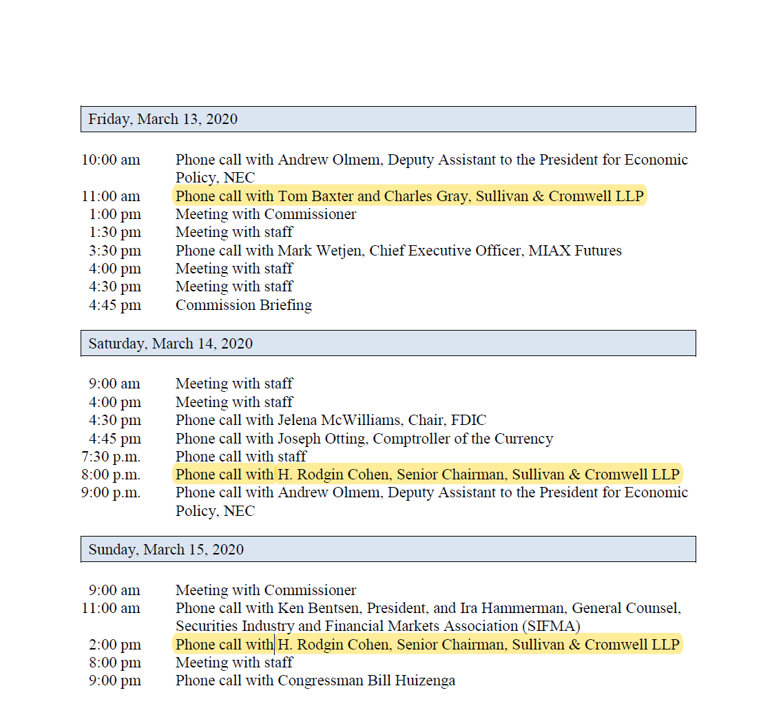 Leerzeit's tweet photo. Why is it not a problem with Jay Clayton that he was meeting and or holding calls with his former boss and other Sullivan &amp; Cromwell work buddies more than 15 times in 3 years? Is this only a problem with Hinman &amp; Simpson Thacher but not with the Chairman?! @JohnEDeaton1 https://t.co/OVhZ6IRaNX