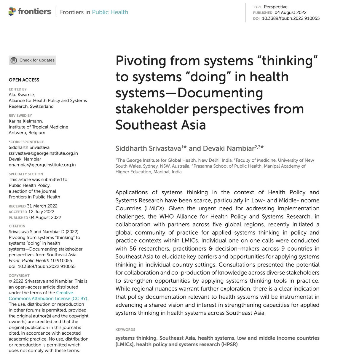 sunsid14's tweet photo. Happy to share a recent publication in @FrontPubHealth co-authored with @devaki_nambiar! 📝 🔔

We present stakeholder perspectives across #Southeastasia on #implementation challenges and opportunities for a greater application of #Systemsthinking in various #HPSR contexts. https://t.co/QvUoQyhjMz