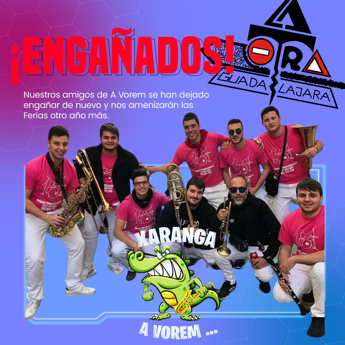 LaOtraGuada's tweet photo. 🥳 ¡ENGAÑADOS!

🎺 Los amigos de #XarangaAVorem vuelven a formar parte de nuestra querida familia.

😶‍🌫️ Les hemos prometido que este año les vamos a dar de cenar y se lo han creído. Unos pardillos.

🔴 ¡VENGA A PLANCHAR ESOS LUNARES!

#DeLaOtra #LosQueMásBeben #Ferias2022 https://t.co/D0FkKRYWW1