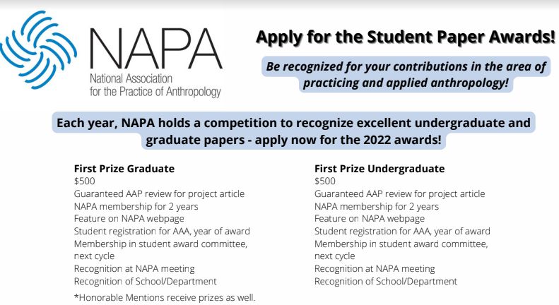 <a href="/NapaAnthro/">NAPA-Anthropology</a>'s #StudentAchievementAwards deadline is 9/15! Email submissions to student-rep@practicinganthropology.org, subject line: “[LAST NAME], Undergraduate Student Achievement Award” or “[LAST NAME], Graduate Student Achievement Award. More info:  ow.ly/PMv750KbQbY.