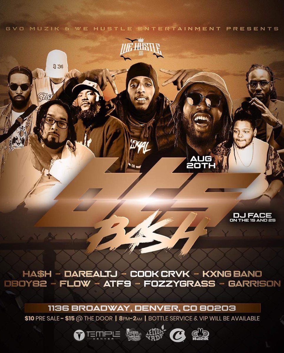 Hashgotbars's tweet photo. August 20th we going up in a major way! Pull up and rock wit the bull @ $10 presale & $15 at the door. Get wit me fa them presale jawns 🎟!
#hiphop #rap #culture #rapper #dope #artist #Denver #templenightclub #shows #live #stage #performance #hashgotbars #IAMWHOIAM https://t.co/6GVpHjmRmD