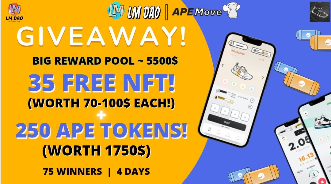LM DAO (💰,❤) (@dao_lm) on Twitter photo 📣 Massive #Giveaway 🔥
😱 Big Prize Pool (5500$):
🎁 35 #FREE NFTs (Worth 70-100$ Each) 🤑
🎁 250 APE TOKENS (Worth 1750$) 🚀
To Enter:
✅Follow <a href="/dao_lm/">LM DAO (💰,❤)</a> and <a href="/APEmoveApp/">APEmove | #MoveToEarn</a>
✅RT & tag 5 Friends
✅Finish #Gleam tasks: giv.gg/lmdaoapemove
⏰8 August
#Airdrop #NFTGiveaway #NFTs 📣 Massive #Giveaway 🔥
😱 Big Prize Pool (5500$):
🎁 35 #FREE NFTs (Worth 70-100$ Each) 🤑
🎁 250 APE TOKENS (Worth 1750$) 🚀
To Enter:
✅Follow <a href="/dao_lm/">LM DAO (💰,❤)</a> and <a href="/APEmoveApp/">APEmove | #MoveToEarn</a>
✅RT & tag 5 Friends
✅Finish #Gleam tasks: giv.gg/lmdaoapemove
⏰8 August
#Airdrop #NFTGiveaway #NFTs