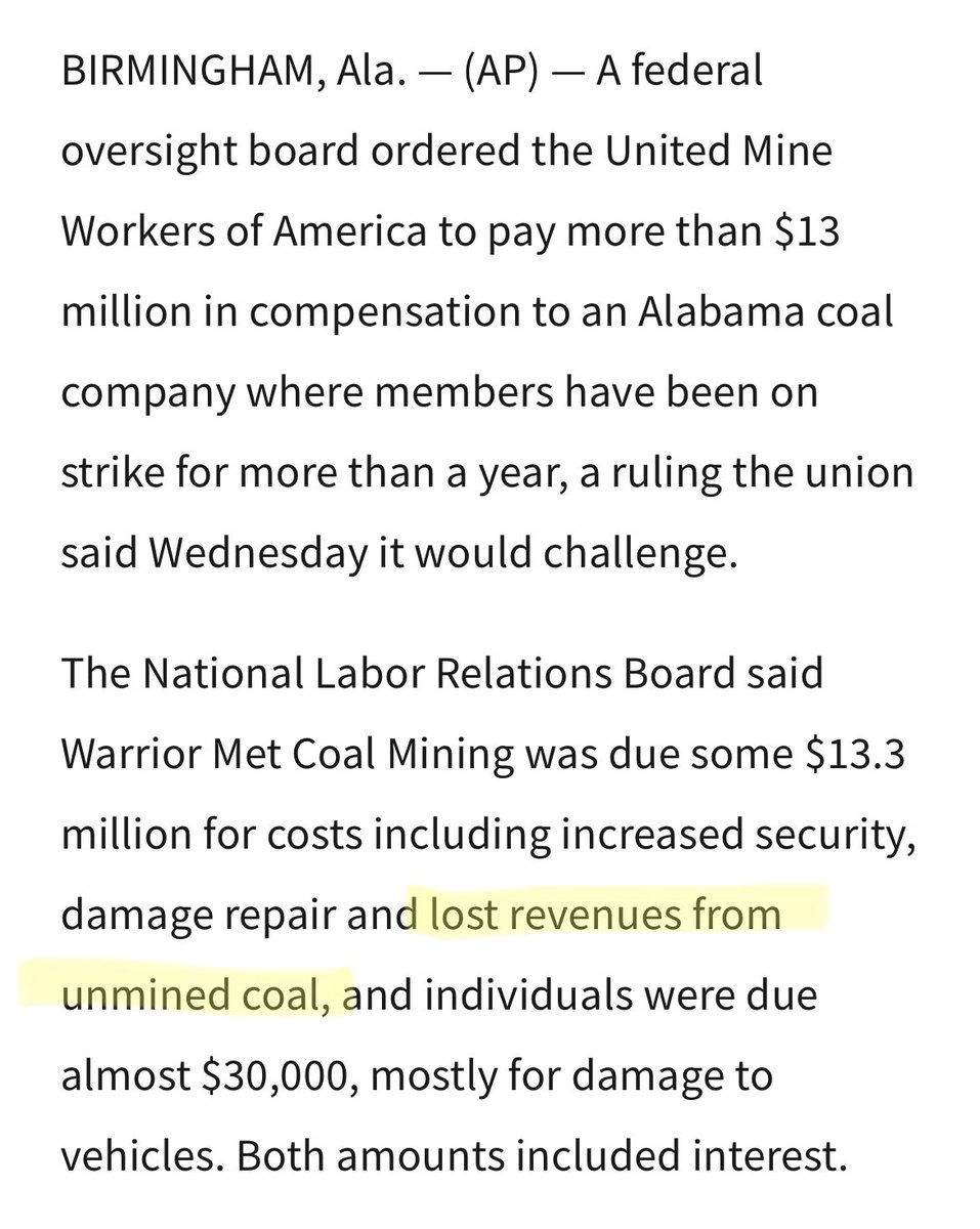 There’s no reason a company should be able to sue strikers for UNMINED COAL WHILE THEY WERE STRIKING. This precedent would mean the death of striking in this country period. We are just beginning to see labor make some wins - this could set everything back