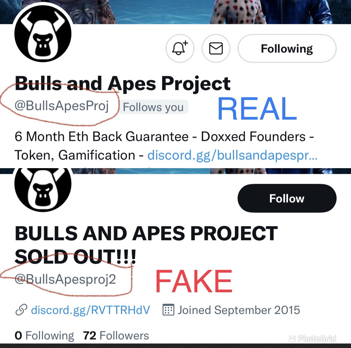 jessielady10's tweet photo. Tip of the Day:Beware of impersonation accounts! Be sure to double check the display name AND handle. Scammers can impersonate a real account by changing or adding only 1 letter or number @BullsApesProj #BAPSecure #ScamSquad https://t.co/vl6cHjRCmp