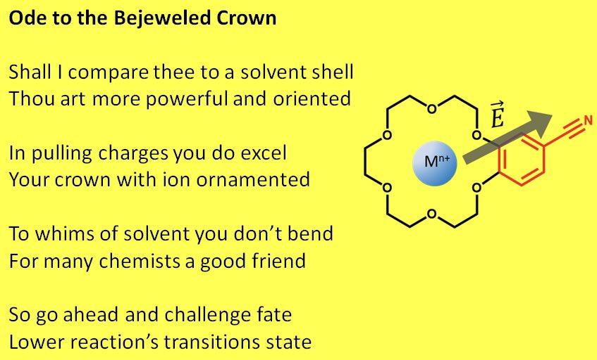 I was brave enough to include a poem in my Gordon Conference talk about the electrostatics of ions captured in crown ethers measured by vibrational spectroscopy.

Thanks to @icjennikins for getting us started on this research, and <a href="/MichelleFrancl/">Michelle Francl</a> for encouraging poetic expression