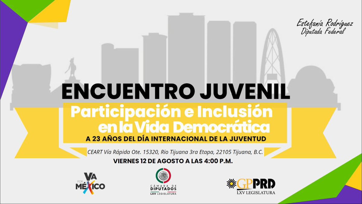 Te esperamos en el #EncuentroJuvenil de “Participación e Inclusión en la vida Democrática”, este viernes 12 de agosto en las instalaciones del #Ceart Tijuana.<a href="/GPPRDmx/">Diputadas y Diputados Federales del PRD</a>  <a href="/PRDMexico/">PRD</a> <a href="/JIZ_Mexico/">Juventudes de Izquierda</a> @RepensarD