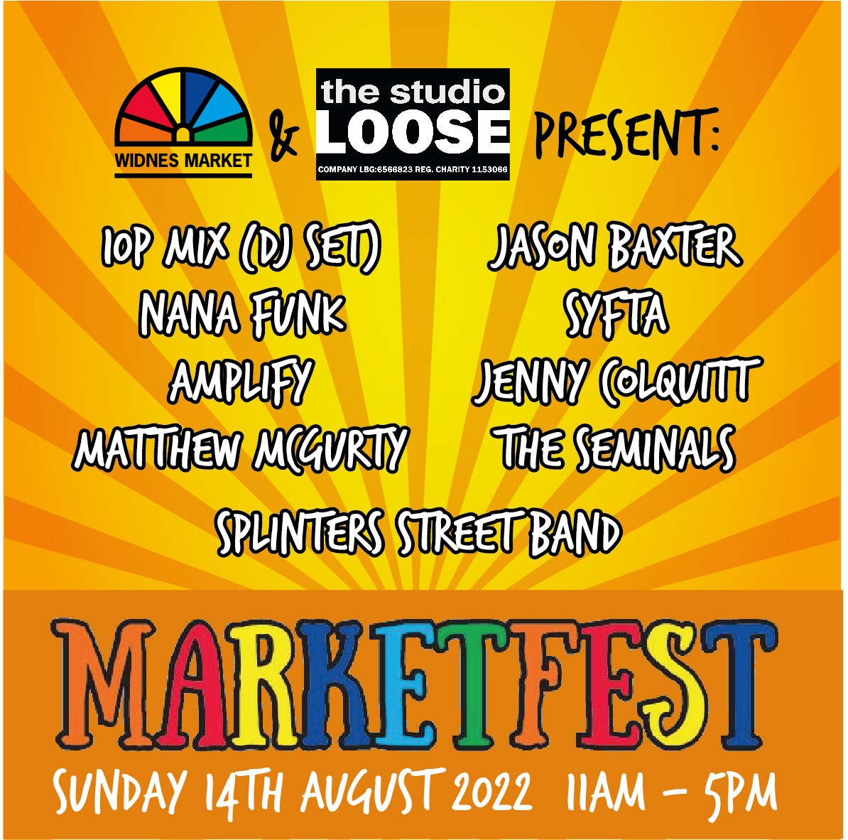 🎪 Visit Widnes Outdoor Market on August 14th for MARKETFEST 2022. Live music, entertainment, food &amp; drink, great stalls &amp; much, much from 11am to 5pm.

#seminals #jennycolquitt #syfta #matthewmcgurty #10pmix #splintersstreetband #nanafunk #jasonbaxter #thestudio #widnesmarket