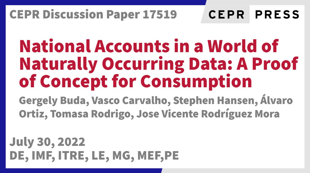 cepr_org's tweet image. New CEPR Discussion Paper - DP17519
National Accounts in a World of Naturally Occurring Data
G.Buda @bse_barcelona V.Carvalho @CamEcon S. Hansen @ImperialBiz @alvaroortiz1968 @TomasaRodrigo @BBVAResearch J. Mora @EdinburghUni 
ow.ly/Xyjr50Kbsth