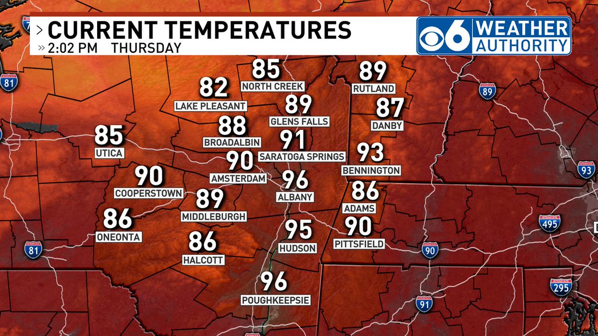 CBS6Steve's tweet photo. 2pm observations...Albany's up to 96...dewpoint right now is 67° with a heat index of 100°. #reallyhot https://t.co/pa7vbNUgp3