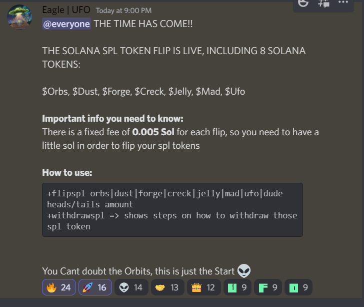 Yoooo <a href="/UnfrgtnOrbit/">The Unfrgtn</a> killin it again!
$Dust $Forge $Creck $Jelly $Mad $Ufo integrate to coin flip
1st solana project with discord integrated coinflip, slots and roll/dice
They also have their own tools :
Launchpad 
whitelist tools
discord tools 
Strong community #diamondhands