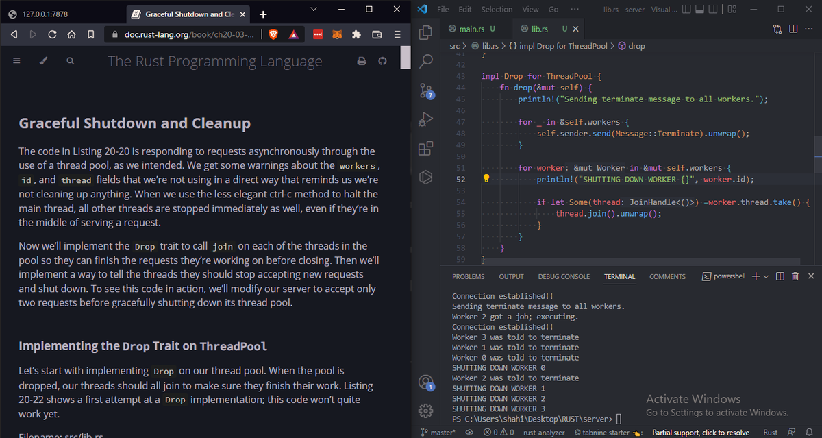 Shaheer_CODE's tweet photo. For Day33 of #100daysofcode, I implemented Graceful Shutdown and Cleanup on the web server I made by studying chapter 20.
This concludes my Rust book. Let's see, what comes next :)
#100daysofcodechallenge #backend #programmer #coding #rust #rustlang #rustdeveloper #completebook https://t.co/1L1sRiEjvB